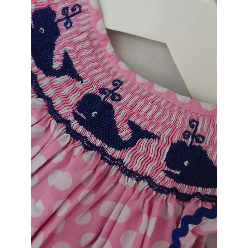 Smocked‎ Dot Kids Whale Appliqué Dress Size 6 Pink Polka Dot Sleeveless